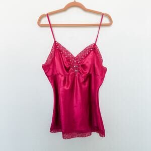Y2K One Step Up Beaded Lace Cami Dark‎ Pink Size Large Coquette Fairy Glam